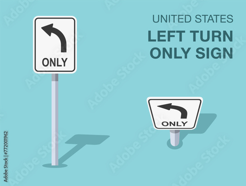 Traffic regulation rules. Isolated United States "left turn only" sign. Front and top view. Flat vector illustration template.