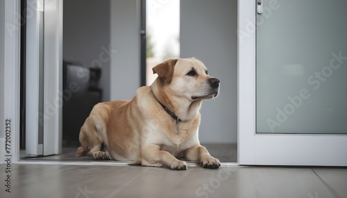 A sad dog waiting for his owner coming back home. 