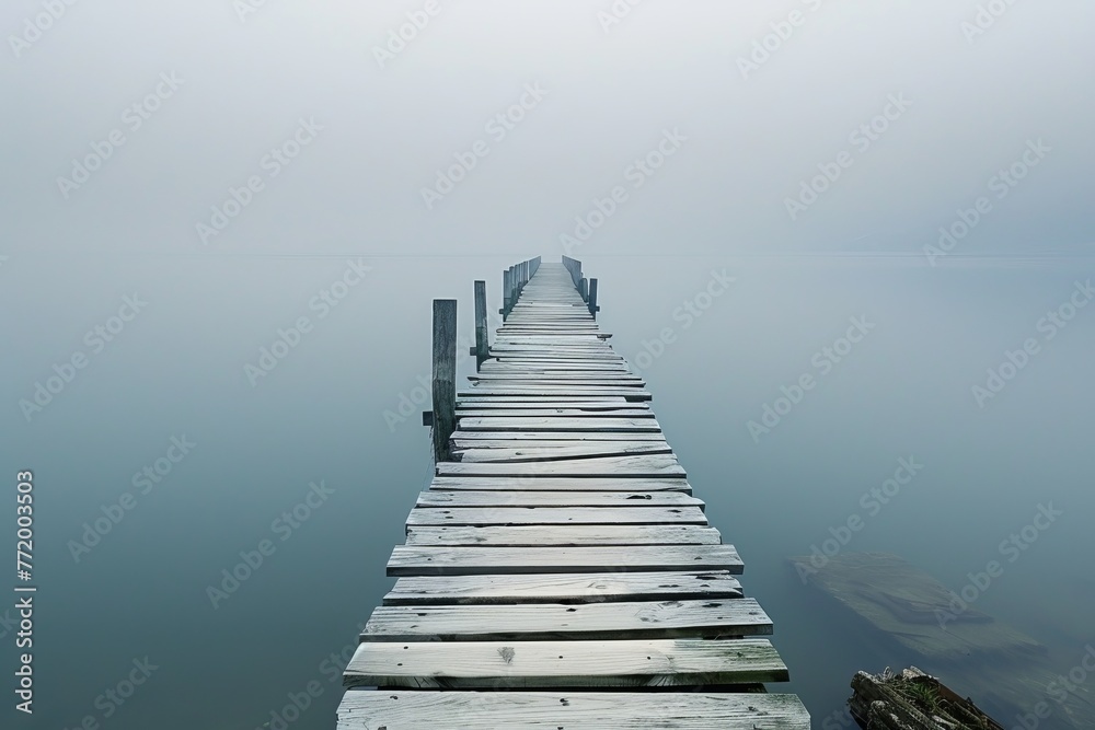 A wooden pier extending out over a calm lake.