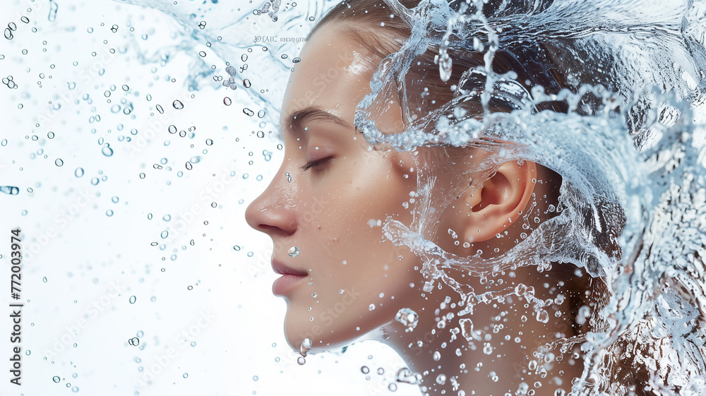 Close-up of a serene woman's face with water splash around her. Skincare and SPA concept.