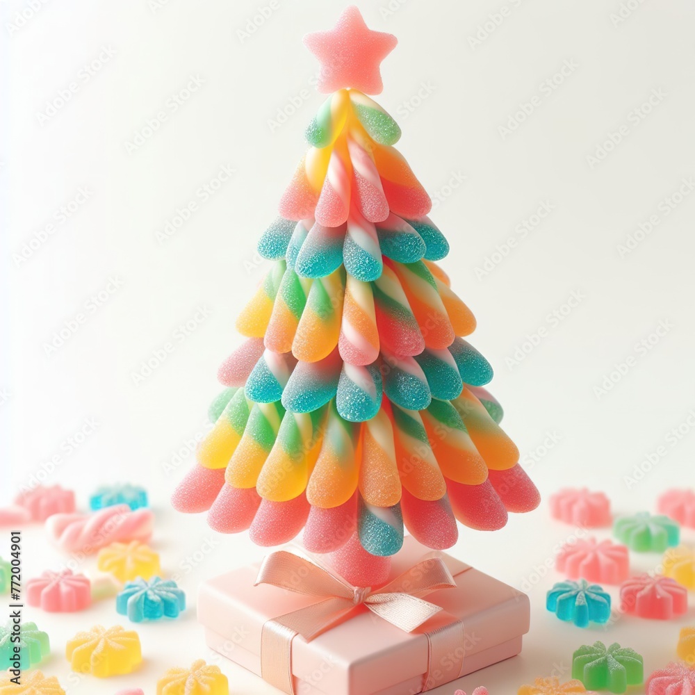 a cute christmas tree made of pastel color rainbow gummy candy on a white background a cute christmas tree made of pastel color rainbow gummy candy on a white background