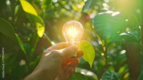 Hand holding a light bulb near the plant photo