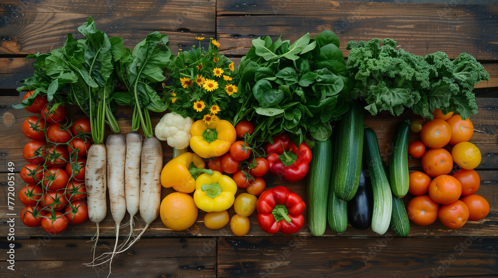 A rustic wooden surface adorned with an assortment of colorful fresh vegetables, highlighting their variety and the freshness of the harvest.