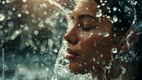 Close-up of a serene woman's face with water splash around her. Skincare and SPA concept.