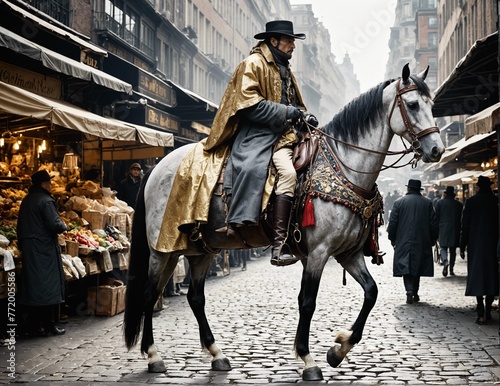 man mounted on a grey horse traversing through a market street dressed in traditional 19th-century attire, with a black hat and a gold-trimmed cloak. 