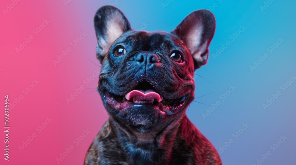 French Bulldog's joyful expression on colorful backdrop