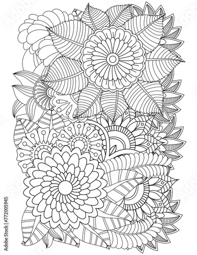 Zen tangle Coloring-Pages for Vector doodle flowers in black and white.adults and kids