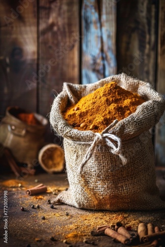 Spice bag of turmeric and cinnamon against a vintage rustic background. Ecological concept. Rural lifestyle. Farming. For banners, posters, postcards. Space for text. Layout, layout. photo