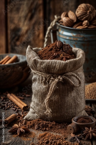 Coffee and cinnamon bag on vintage rustic background. Environmental concept. Rural lifestyle. Farming. For banners, posters, postcards. Space for text. Layout, layout. photo