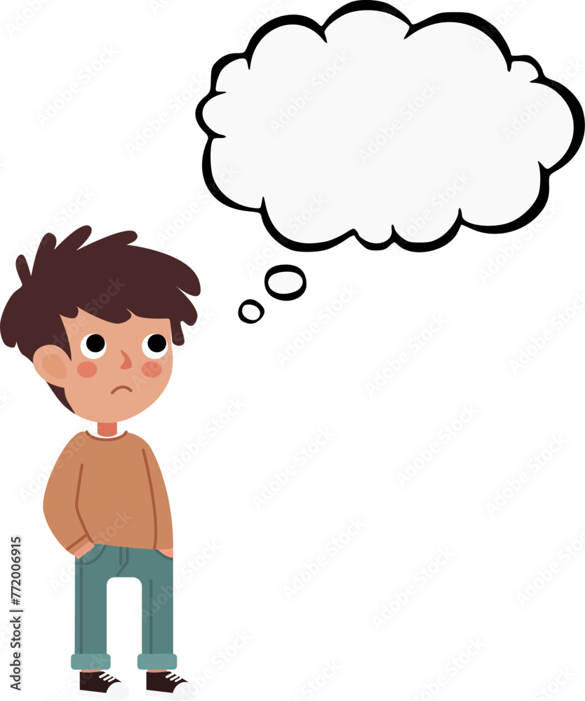 A boy stands and thinks reflected by a cloud flying above him. Vector illustration. Technology, robots, boy. A boy stands and thinks reflected by a cloud flying above him. Vector illustration. Technology, robots, boy.