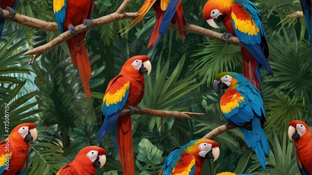 blue and yellow macaw Discover a tropical haven where parrots soar through the sky against a backdrop of azure seas and swaying palm trees. Their vibrant feathers catch the sunlight, creating a kaleid