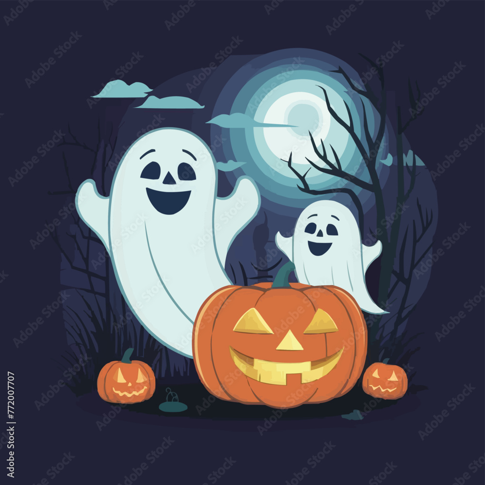 Background for Halloween scary white ghosts on dark black night seamless pattern 