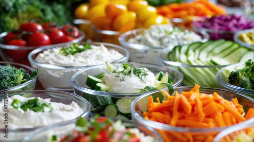 Assorted Raw Vegetables and Dip. Freshness and Healthy Food for Party Catering. Closeup of Vegetables Cut and Ready to Eat