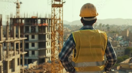 Back view of Indian male engineer wearing helmet and vest standing and supervising progress of construction project 