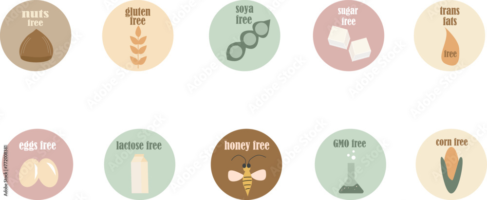 Obraz premium Set of vector icons of common allergens (gluten, lactose, eggs, peanut), sugar free and GMO free labels. Round stickers with food intolerance symbols for product packaging