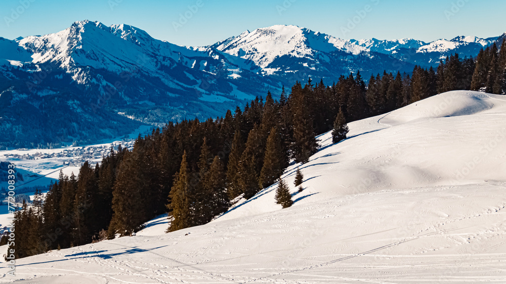 Alpine winter view at Mount Fuessener Joechle, Graen, Reutte, Tyrol, Austria