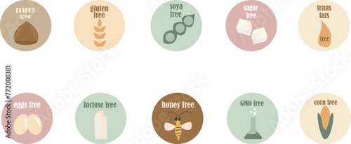 Set of vector icons of common allergens (gluten, lactose, eggs, peanut), sugar free and GMO free labels. Round stickers with food intolerance symbols for product packaging