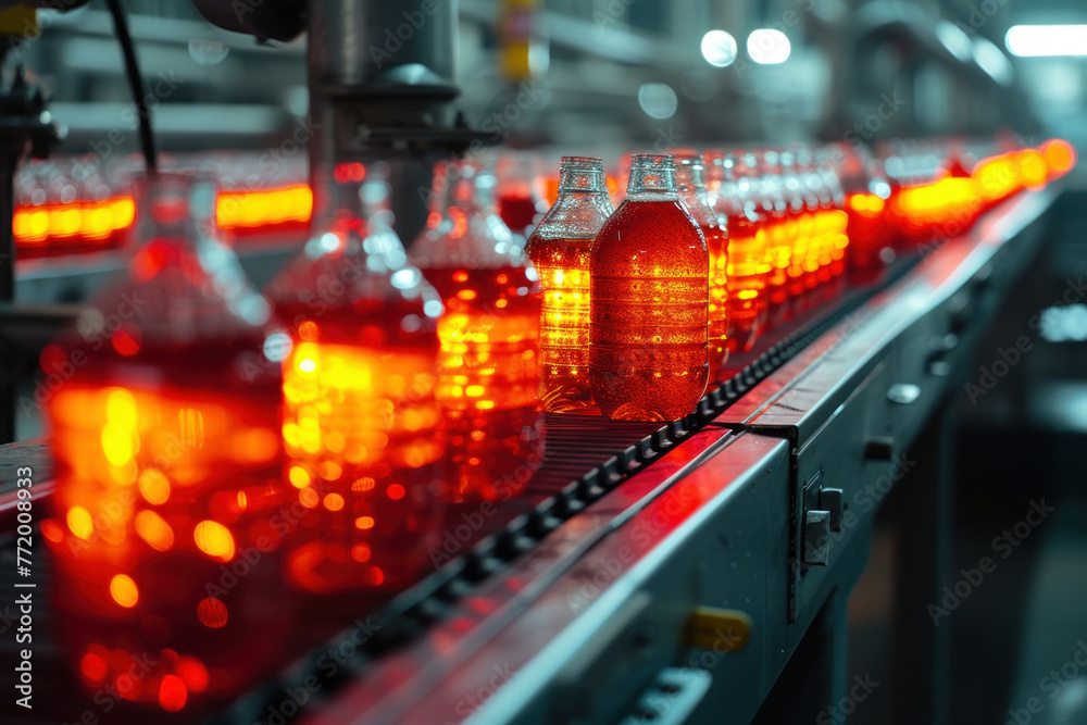 Automated production line with bottles on conveyor belt illuminated by red lights for quality control