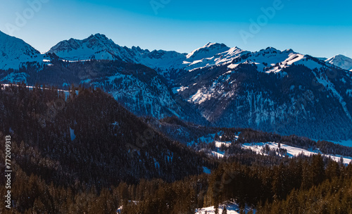 Alpine winter view at Mount Fuessener Joechle  Graen  Reutte  Tyrol  Austria