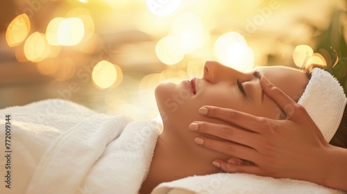 Woman enjoys head massage at spa