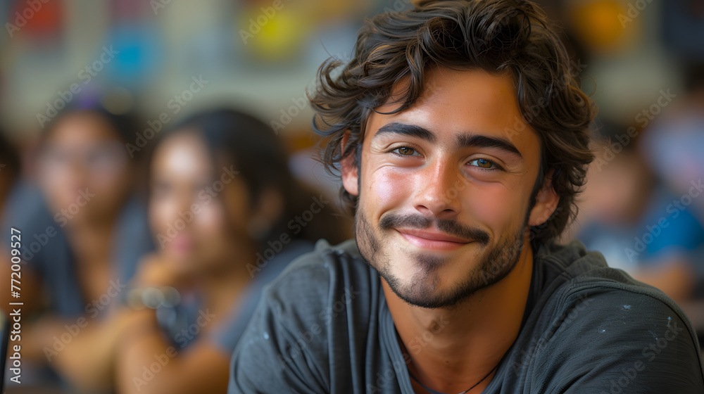 Latino male college student sitting a classroom smiling, student study in class, with copy space, Educational environment and student life concept - obrazy, fototapety, plakaty 