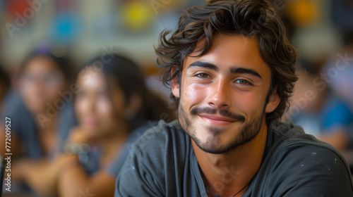 Latino male college student sitting a classroom smiling, student study in class, with copy space, Educational environment and student life concept