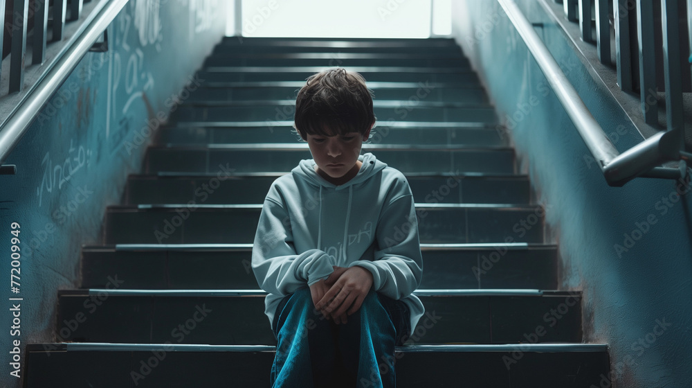 Bullying concept, Depressed boy sitting alone at stairs, Victim of school bullying, Stress and mental problems in childhood:
