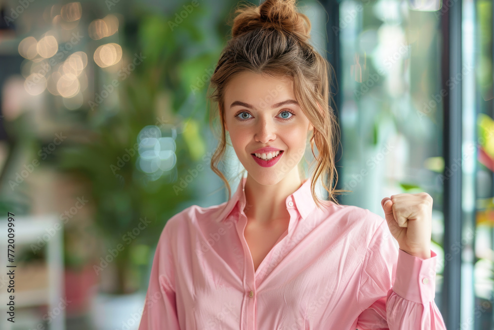 Brunette business woman happy raised fist, her goal was achieved as planned Brunette business woman happy raised fist, her goal was achieved as planned