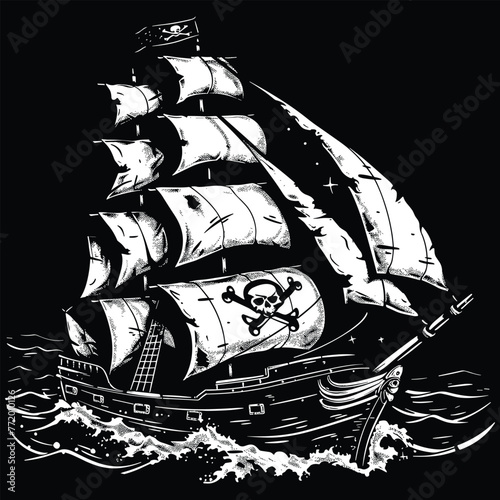 pirate ship on black. A pirate flag with a ship in black and white, in vector art style.