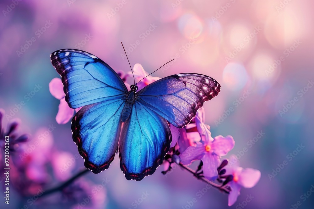 Blue butterfly is perched on pink flower