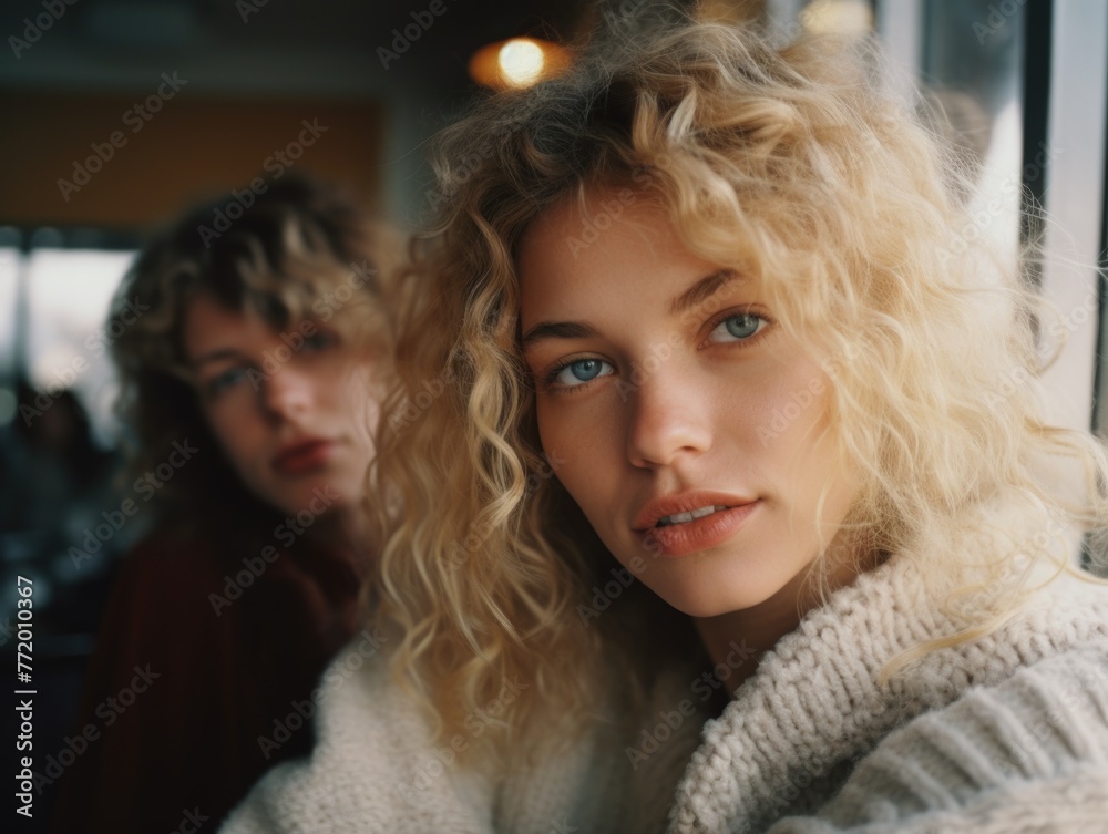 Two women with curly hair are sitting at table Two women with curly hair are sitting at table
