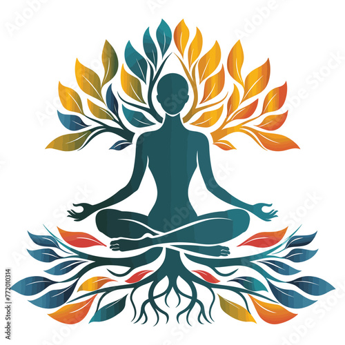 yoga lotus pose. it's a logo capturing the synergy of a tree and roots shaping a meditative human figure, embodying the serene essence of horticultural therapy.