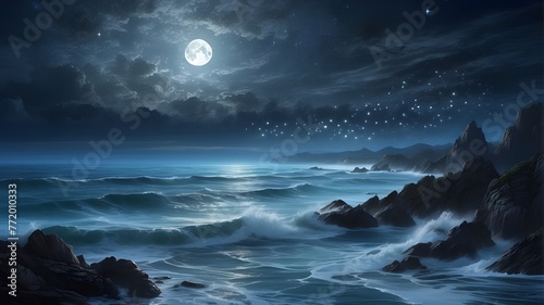 "An enchanting seascape night fantasy comes to life, showcasing a mesmerizing interplay of beautiful waves beneath the enchanting glow of a full moon. The waves dance with graceful elegance, their cre © Waqasiii_Arts 