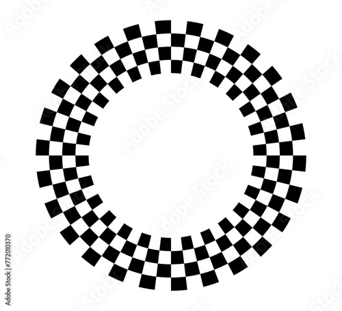 Checkered circle frame. Circle frame with checkerboard geometric pattern. Round chess border with black and white square pattern. Round race frame. Vector illustration on white background.