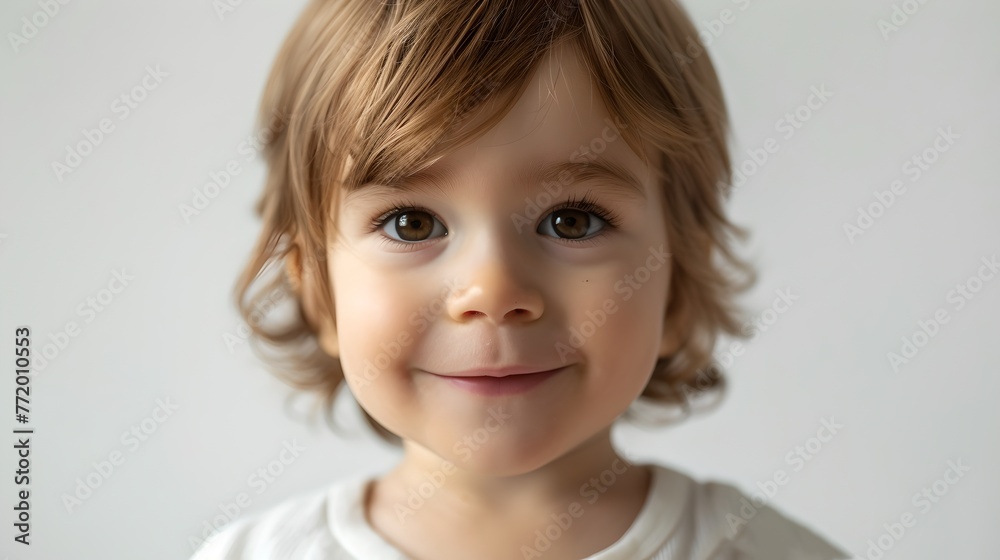 Portrait of a Smiling Toddler with Curly Hair. Innocent Child's Face, Captured in Soft, Natural Light. Perfect for Family-Friendly Content. AI