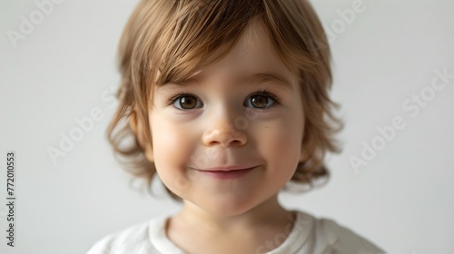 Portrait of a Smiling Toddler with Curly Hair. Innocent Child's Face, Captured in Soft, Natural Light. Perfect for Family-Friendly Content. AI