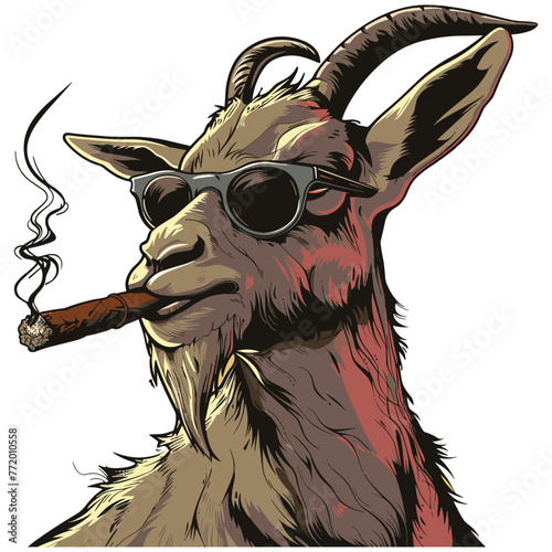 head of a goat. a goat smoking and wearing sunglasses is depicted in a cartoon vector style.