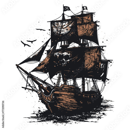 ship in the water. Illustration of a pirate ship's design, set against a white backdrop, depicted in vector format.