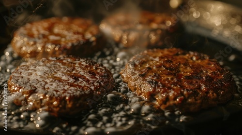 Fried vegetarian cutlets made from vegetable protein. Cinematic advertising burger cooking.  photo