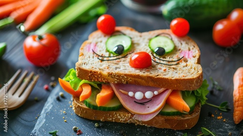 Fun food for kids - cute smiling clown face on ham sandwich decorated with fresh cucumber, photo