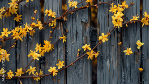 Springtime Serenade: Forsythia Blooming Against a Fence