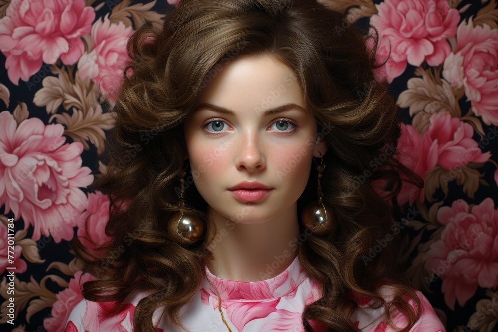 Naklejka premium 花と美女ポートレート,Generative AI AI画像