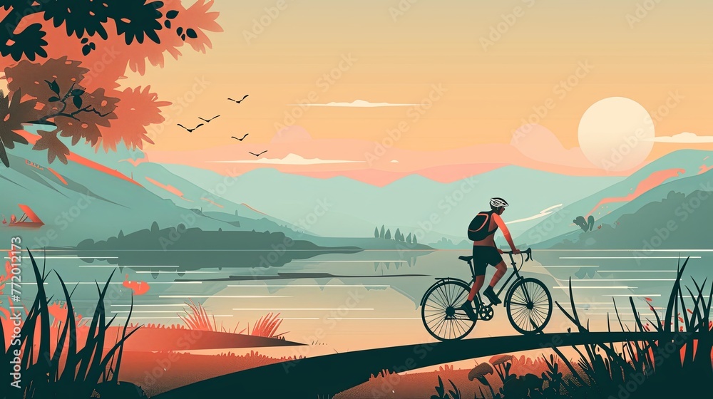 A vibrant illustration captures a biker pausing to enjoy the majestic sunset over a tranquil valley, surrounded by the beauty of nature's silhouette. Biker Witnessing a Majestic Sunset in the Valley

