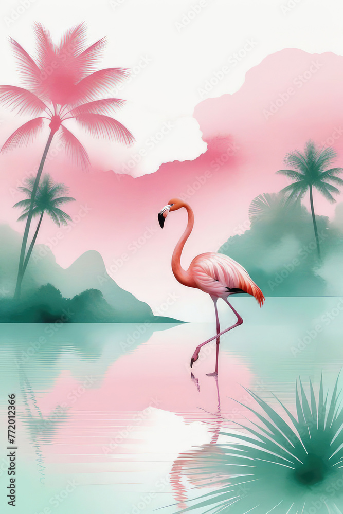 Fototapeta premium Summer landscape with flamingo in minimalistic style in water color painting.