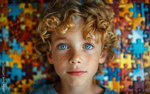 Portrait of a boy with blond curly hair and blue eyes against a puzzle wall. The concept of World Autism Awareness Day