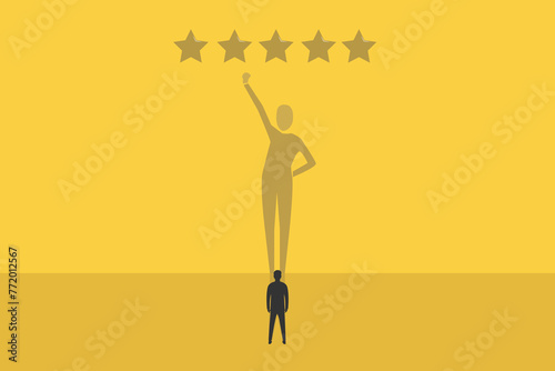 Businessman turned into or shadow of reward. concept of business success, winner, and satisfaction