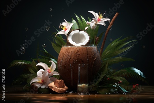 a coconut with flowers and leaves