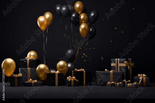 a group of presents and balloons