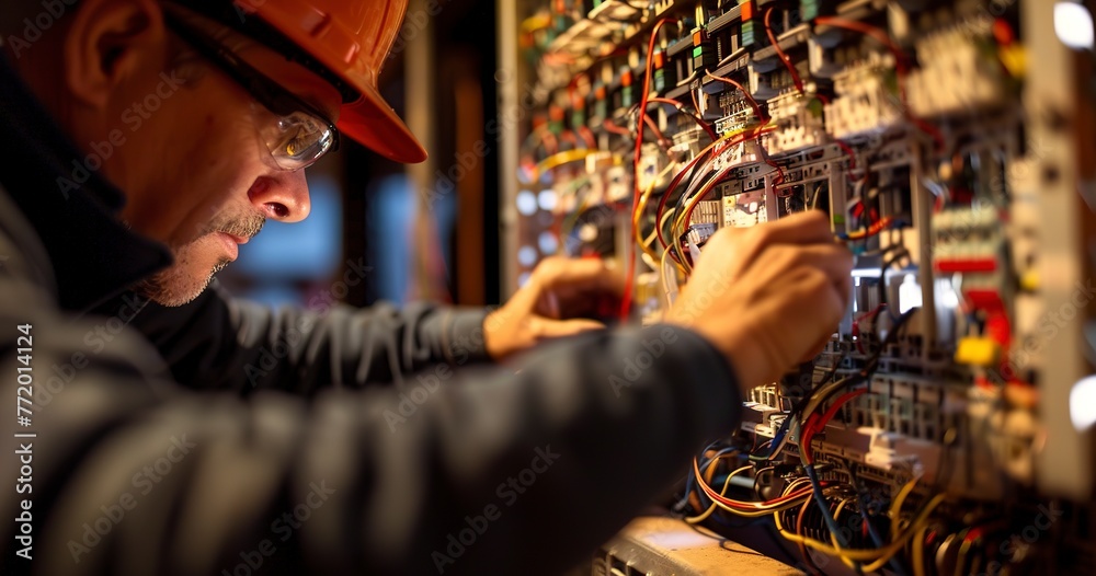 Electrician wiring a panel, close-up, midday light, wide angle, sharp focus on intricate work.