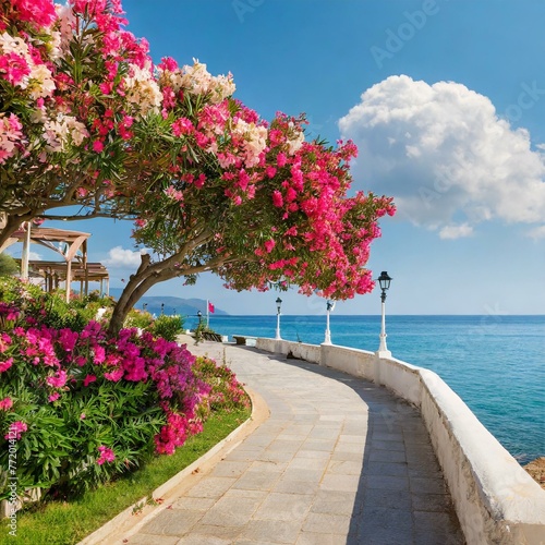 Coastal Bloom: Beautiful Colorful Oleander Flowers against Sea and Blue Sky"